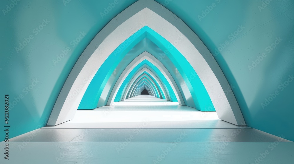 Poster modern abstract architectural design with a repetitive arched tunnel in bright teal and white colors