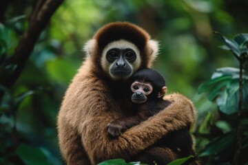 Obraz premium mother gibbon with her baby on the tree