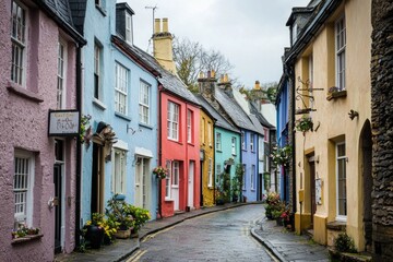 Fototapeta premium A street in a historic town, with the houses painted in a rainbow of pastel colors. 