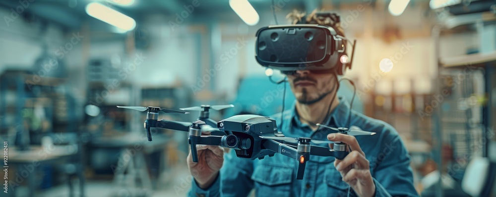 Aufkleber man using virtual reality headset to control drone in modern high-tech office