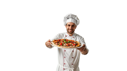Smiling chef holding delicious pizza isolated on transparent background 
