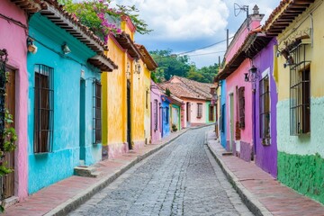 Fototapeta premium A street in a historic town, with the houses painted in a rainbow of pastel colors. 