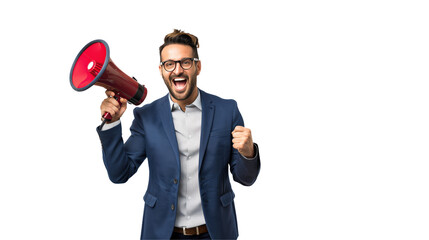 Enthusiastic businessman making an announcement with megaphoneisolated on transparent background 
