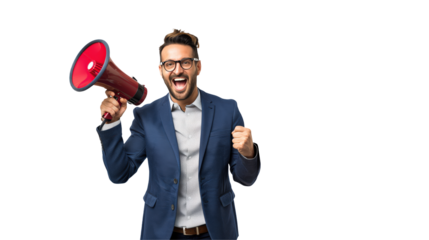 Enthusiastic businessman making an announcement with megaphoneisolated on transparent background 

