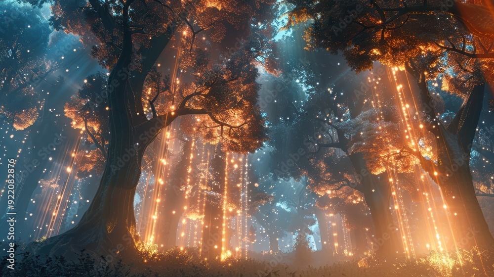 Poster enchanting forest scene illuminated by glowing lights, creating a mystical atmosphere with towering 