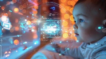 A baby engages with a glowing, interactive digital display while surrounded by soft, ambient lighting and festive decorations.
