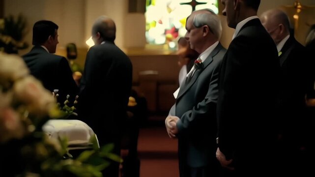 A solemn funeral service taking place in a church. Suitable for memorial or religious purposes