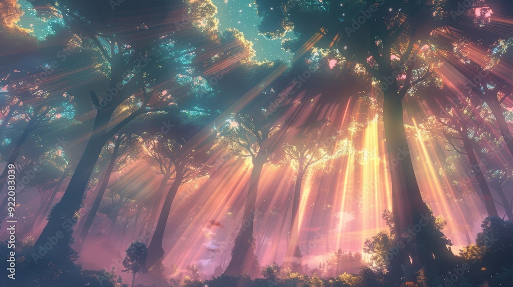 Aufkleber magical forest with vibrant colors and sunlight rays streaming through tall trees, creating an encha