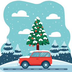 Car with christmas tree on the road. Cute winter landscape. 