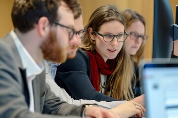 Fototapeta premium Young Professionals Working on Laptop Computers in a Modern Office.