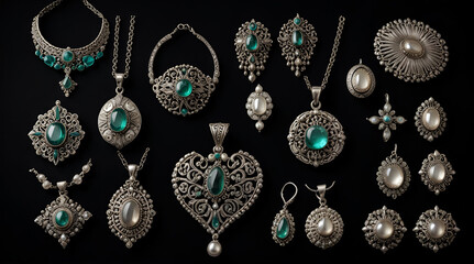 Collection of antique traditional silver jewelry on black paper, generative.ai
