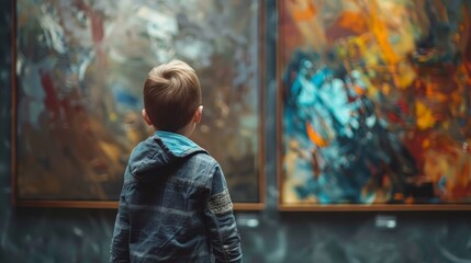 Fototapeta premium A young boy stands in front of a painting, captivated by the artwork. The painting, with its vibrant colors and abstract forms