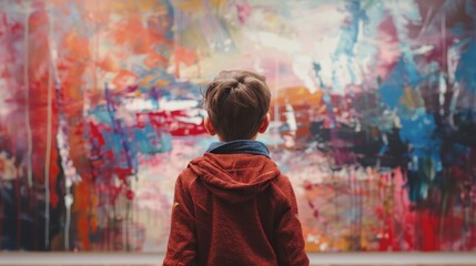 Obraz premium A young boy stands in front of an abstract painting, captivated by the vibrant colors and textures. The image evokes themes of art appreciation, creativity, and the power of expression.