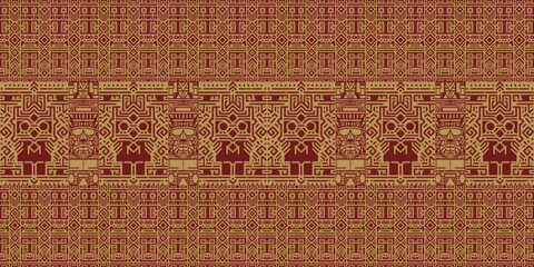 Intricate Aztec-inspired pattern with geometric shapes and stylized masks. Gold and maroon design on brown background. Ethnic, repeating motif.