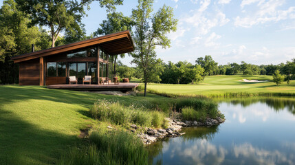 Obraz premium Secluded modern cabin with outdoor bench by green grassland,nature living