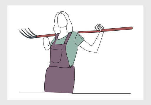 recommend clip art: Continuous single line sketch drawing of farmer woman worker holding fork farming tool. One line art of occupation professional worker vector illustration