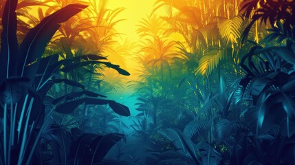 Obraz premium Vibrant gradient jungle landscape with lush tropical plants and dramatic lighting, blending warm and cool colors for an exotic ambiance.