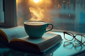 A steaming cup of cappuccino on a glass table, with a book and reading glasses beside it, warm evening glow