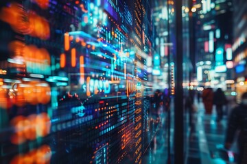 Abstract Stock Market Data Display in a City Setting.