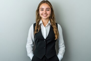 Caucasian woman in a white shirt and vest, posed against a minimalist white background.