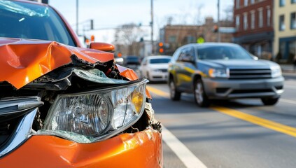 Close-Up of Accident Damage to Vehicle Front Ends, City Streets with Other Cars, Sun Rays Shining Through Clouds
