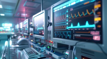 Naklejka premium Modern medical monitoring equipment with colorful graphs in a high-tech hospital environment, emphasizing advanced healthcare technology.