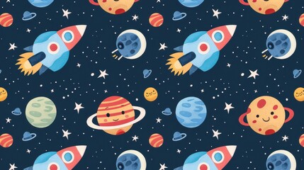 Naklejka premium A playful pattern showcases rockets, planets, and stars set against a deep space backdrop