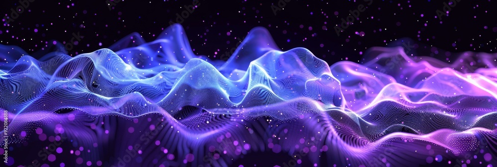 Poster abstract background with flowing purple and blue waves, creating a futuristic and ethereal atmospher