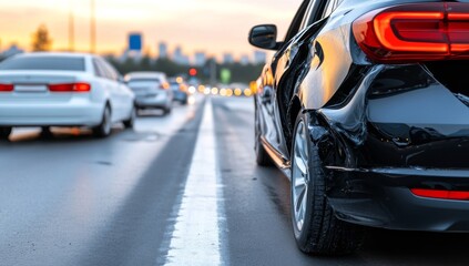 Close-Up of Accident Damage to Vehicle Front Ends, City Streets with Other Cars, Sun Rays Shining Through Clouds