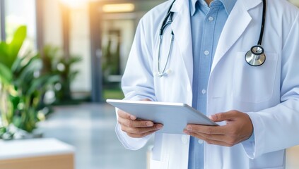 Close-Up of Asian Doctor in White Coat Holding Tablet with Medical Records, Office Desk, Blurred Background with Green Plants and Modern Furniture