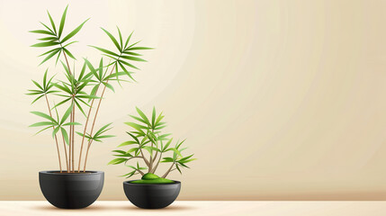 Fototapeta premium Two potted bamboo plants placed on a light wooden surface.
