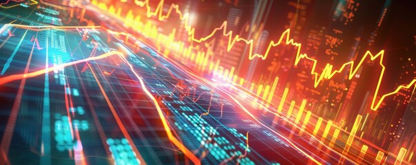 Dynamic financial data chart with glowing lines and graphs representing market trends and investment opportunities in the stock market.