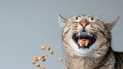 Obraz premium Content Domestic Cat Eating Kibble on Gray Background