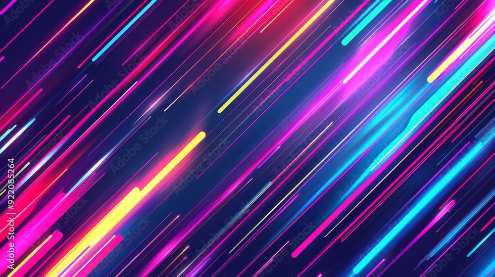 Poster an abstract background featuring diagonal lines of neon light in vibrant colors symbolizing speed, e