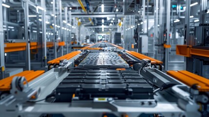 Fototapeta premium An electric vehicle battery pack is being assembled on a production line. The image represents innovation, sustainability, technology, manufacturing, and industry.