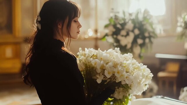 Funeral, sad and woman with flower on coffin after loss of a loved one, family or friend. Grief, death and young female putting a rose on casket in church with sadness, depression and mourning