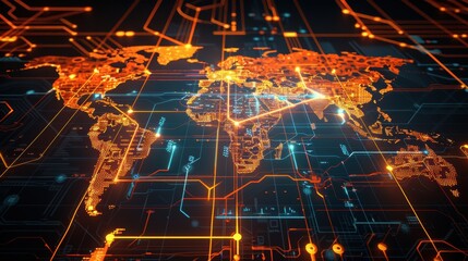 Futuristic digital world map with glowing lines and circuits representing global technology, communication, and data networks.