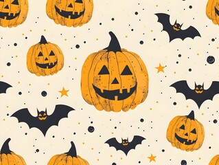 Enchanting Jack o  Lantern Pattern with Playful Bats and Ghostly Accents for a Spooktacular Halloween