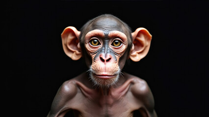 Minimalist close-up of a chimpanzee with large ears, highlighting its distinct features and textures. The simplicity of the composition emphasizes the form and essence of the animal.