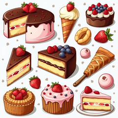 A delightful assortment of desserts including cakes, cones, and pastries topped with fresh strawberries and cream on a pale backdrop.
