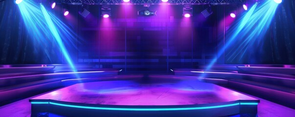 Vibrant game show stage with colorful lights and empty contestant seats. Free copy space for text.