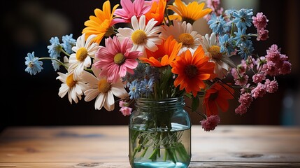 bouquet of vibrant wildflowers in a rustic mason jar vase on a weathered wooden table.