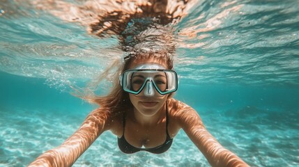 Naklejka premium Masked woman snorkeling in clear water