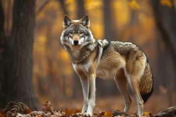 Fototapeta premium wolf standing in the autumn woods