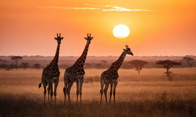 A picturesque image featuring three giraffes standing tall in the vast savannah, beautifully silhouetted against a vibrant orange and yellow sunset, creating a serene and captivating scene.