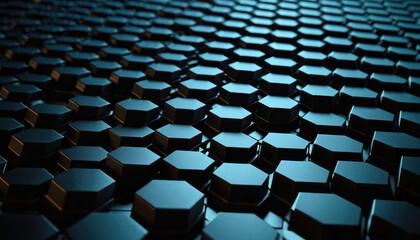 Obraz premium An abstract image featuring dark hexagonal shapes in close-up with blue lighting highlighting the textured surface, creating a modern and futuristic visual effect.