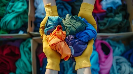 Obraz premium Hands in yellow gloves hold a bundle of colorful fabric, symbolizing donation, generosity, reuse, upcycling, and environmental responsibility.