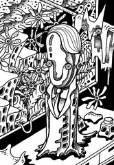 モノクロームイラスト・手描き・ペン画 - 机上の人・サイケデリックな日常