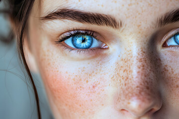 "Close-Up Portrait of Woman with Bright Blue Eyes and Freckles in Natural Light"