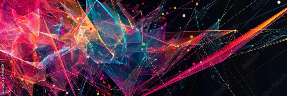 Poster the image features an abstract composition of colorful lines and dots on a black background. it symb